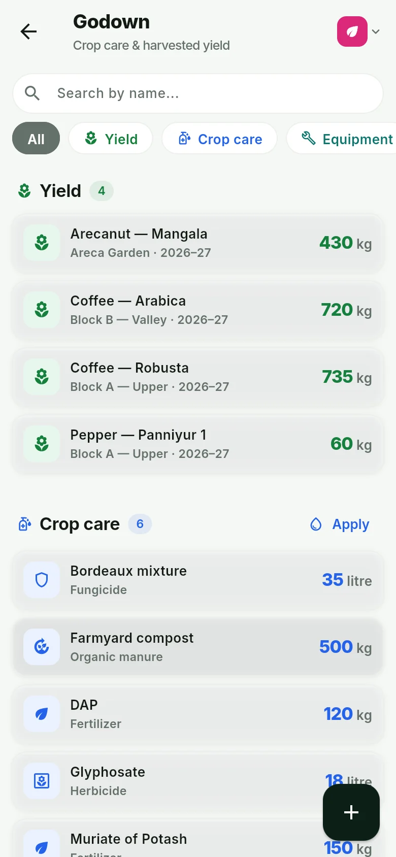 A Godown screen listing harvested yield lots by crop, variety, plot and crop year, with a second list of crop-care supplies and their remaining stock.