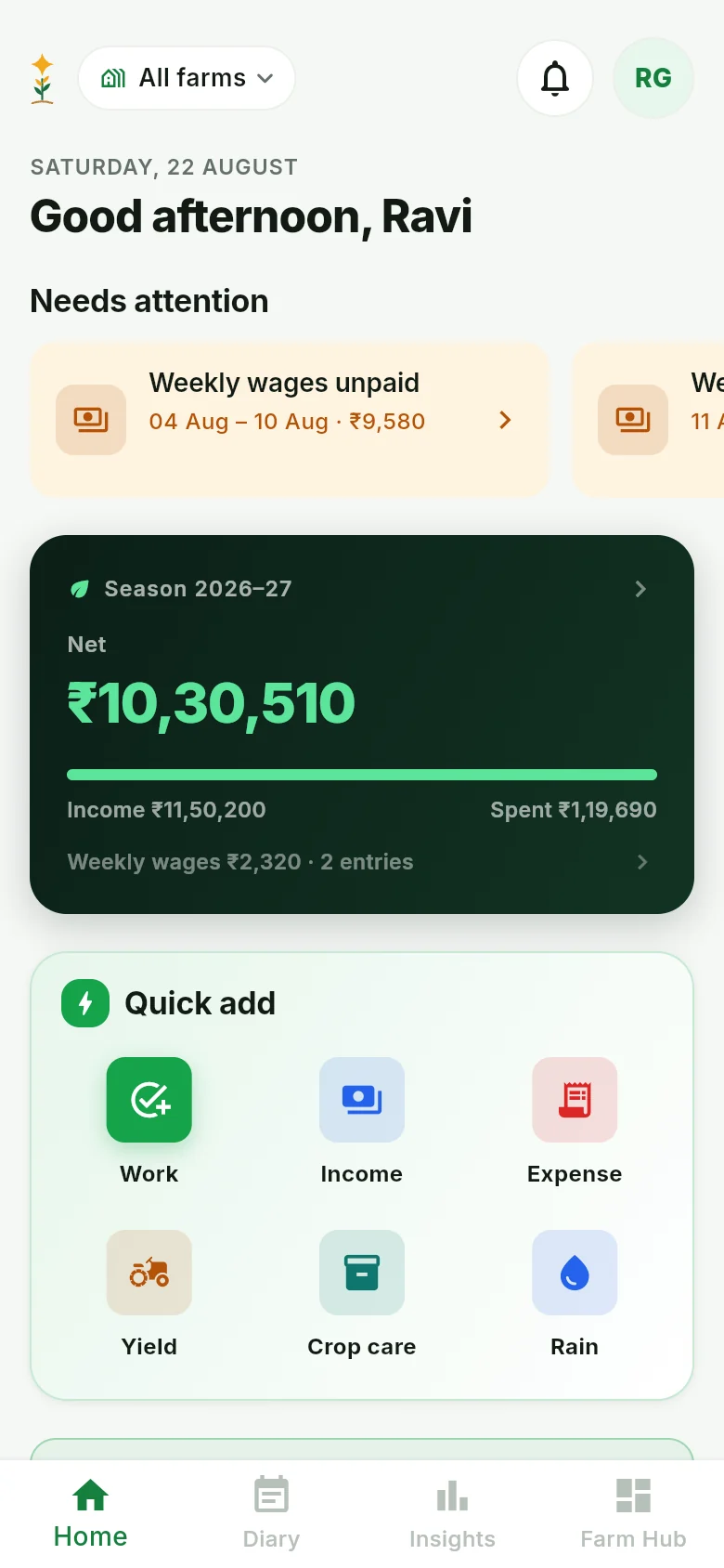 The app&rsquo;s home screen: a greeting, a card warning that one week&rsquo;s wages are unpaid, and a dark panel showing the season&rsquo;s net, income and spending.