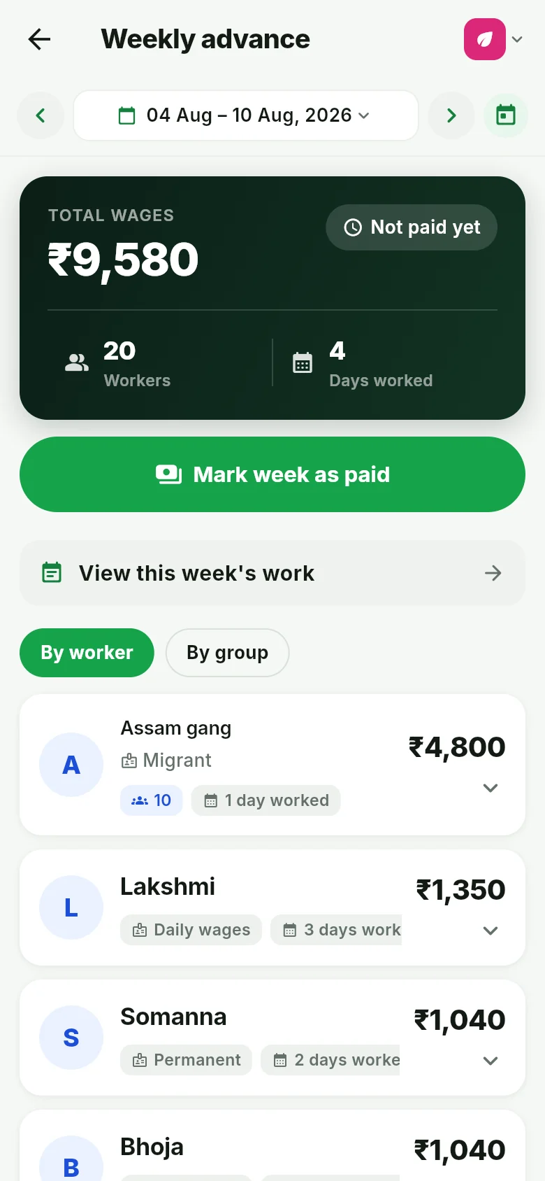 A weekly advance screen showing total wages for one week, a button to mark the week paid, and a per-worker list with days worked.